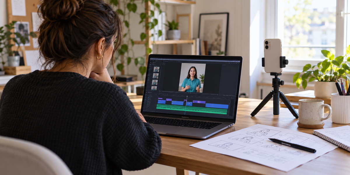 A founder reviewing a vertical presenter video beside a phone on a tripod