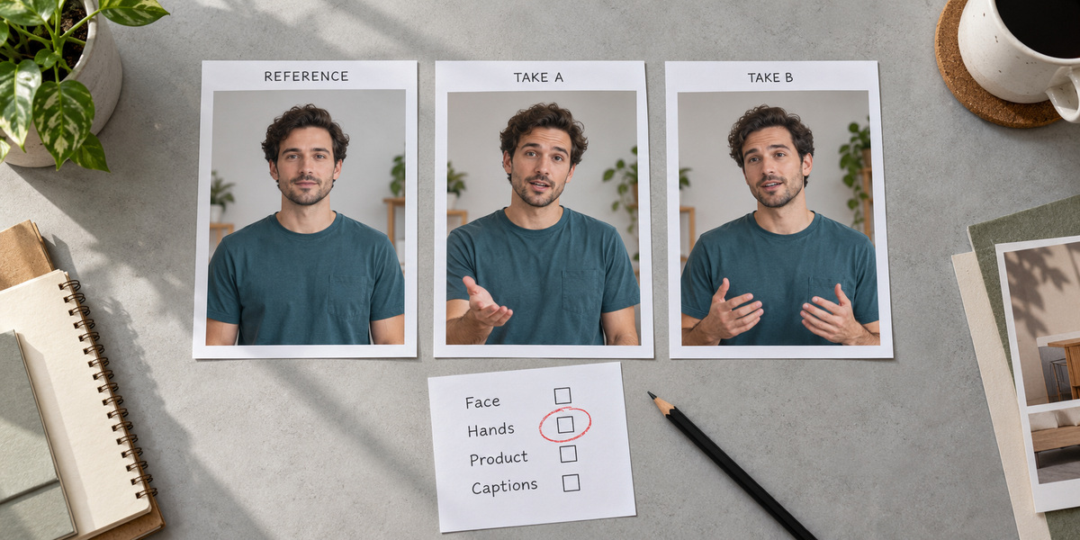 Reference portrait and two presenter takes arranged beside a review checklist