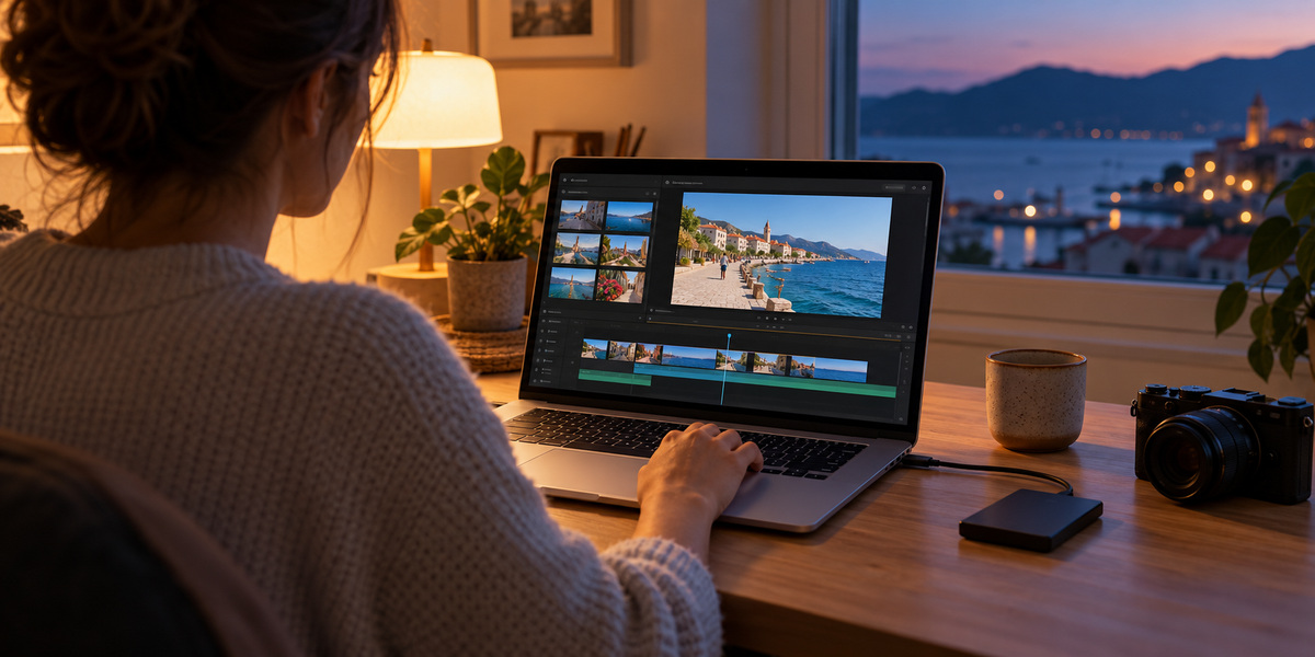 A creator organising travel clips in a generic laptop video editor